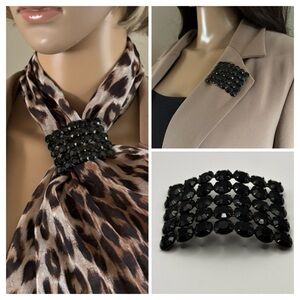 Vintage Jet Black Rhinestone Statement Brooch & Scarf Slide